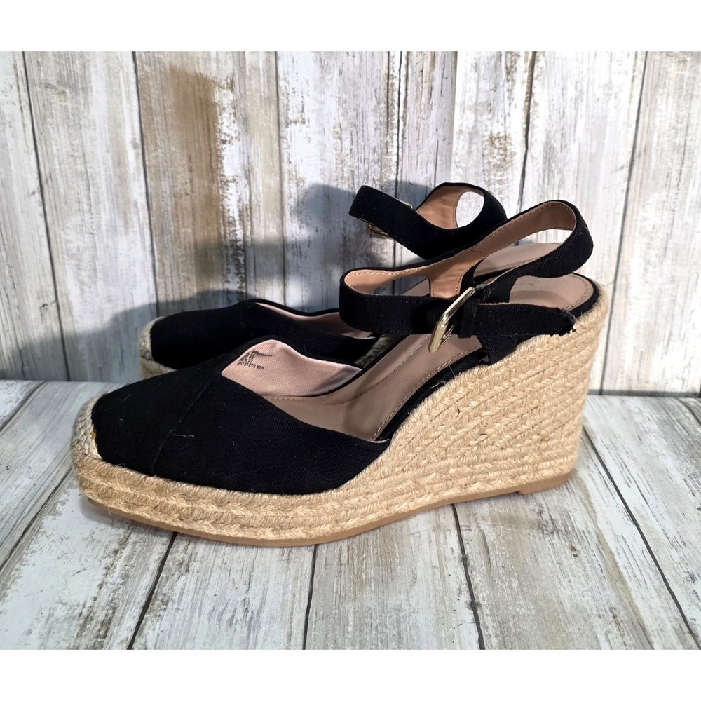 Time and Tru Black Espadrille Wedge Sandals Ankle Strap Square Toe Women Size 10 - Picture 4 of 7